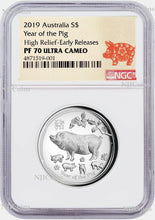 Load image into Gallery viewer, 2019 Australia Lunar Year Of The PIG High Relief Proof 1oz Silver Coin NGC PF70