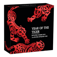 Load image into Gallery viewer, 2022 Year of the Tiger 1oz SILVER $1 Lunar Rotating Charm ANTIQUED COIN
