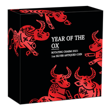 Load image into Gallery viewer, 2021 LUNAR Year of the OX 1oz $1 Silver Rotating Charm Antiqued Coin NGC MS 70