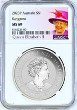 Load image into Gallery viewer, 2023 Australia 1 oz .9999 Silver Kookaburra NGC MS 69 $1 Coin Final Queen Effigy