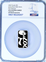 Load image into Gallery viewer, 2022 60 YEARS OF JAMES BOND SILVER 007 COLORED RECTANGLE $1 1oz COIN NGC PF69 FR