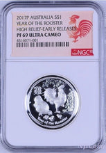 Load image into Gallery viewer, 2017 Australia Lunar Year Of Rooster High Relief Proof 1oz Silver Coin NGC PF69