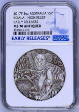 Load image into Gallery viewer, 2017 P AUSTRALIA Koala HIGH RELIEF ANTIQUED 2 Oz Silver $2 COIN NGC MS70 ER