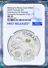 Load image into Gallery viewer, 2023 Kookaburra 1oz Silver Coin Honeyeater Privy Melbourne Money Expo MS70 ANDA