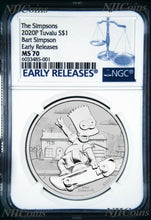 Load image into Gallery viewer, 2020 Bart Simpson Simpsons $1 1oz .9999 Silver COIN NGC MS70 ER