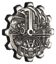 Load image into Gallery viewer, 2018 EVOLUTION OF INDUSTRY 1oz Antiqued SILVER GEAR-SHAPED TWO-COIN SET (2oz)