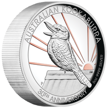 Load image into Gallery viewer, 2020 Pink Gold GILT HIGH RELIEF 5oz Silver Kookaburra 30 Ann $8 Coin NGC PF70 FR