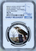 Load image into Gallery viewer, 2016 P Berlin Show Australia COLORED Kookaburra Silver NGC MS 70 1 oz $1 Coin ER