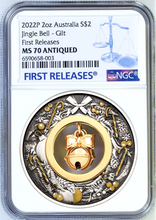 Load image into Gallery viewer, 2022 Christmas JINGLE BELL 2oz Silver Antiqued Gilt Coin NGC MS 70 FR