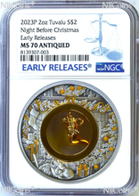Load image into Gallery viewer, 2023 Night Before Christmas 2oz Silver Gilt Stocking Insert Antiqued Coin MS70 E