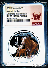 Load image into Gallery viewer, 2021 Australia PROOF Colored Silver Lunar Year of the OX NGC PF70 1oz Coin FR