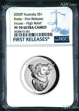 Load image into Gallery viewer, 2020 Australia FIRST INCUSED HIGH RELIEF 1oz Silver Koala $1 Coin NGC PF70
