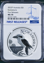 Load image into Gallery viewer, 2022 P Australia Silver Kookaburra NGC MS 70 $1 1 oz Coin Blue FR Label PERFECT