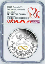 Load image into Gallery viewer, 2022 One Love 1oz .9999 Silver $1 Proof Coin NGC PF70 UC Tuvalu HEART LABEL