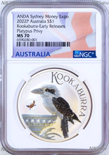 Load image into Gallery viewer, 2022 Kookaburra 1oz Silver Coin Platypus Privy Sydney Money Expo NGC MS70 ANDA E