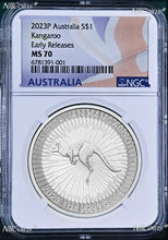 Load image into Gallery viewer, 2023 Australia Silver Kangaroo NGC MS70 $1 1oz Coin Flag ER Label Double Dates