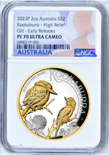 Load image into Gallery viewer, 2023 Australia GILT PROOF HIGH RELIEF 2oz Silver Kookaburra $2 Coin NGC PF70 ER
