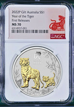 Load image into Gallery viewer, 2022 Australia GILDED Silver Lunar Year of the TIGER NGC MS 70 1oz Coin FR GILT