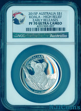 Load image into Gallery viewer, 2015 P Australia HIGH RELIEF 1oz Silver Koala $1 Coin NGC PF70 UC ER +COA/BOX