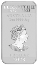 Load image into Gallery viewer, The effigy of Queen Elizabeth II on Bar DRAGON Coin 1oz $1 Silver Bullion 2023