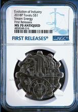 Load image into Gallery viewer, 2018 Evolution of Industry - STEAM Gear-Shaped ANTIQUED 1oz Silver NGC MS70