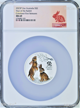 Load image into Gallery viewer, 2023 P Australia Colored Silver Lunar Year of the Rabbit 2oz $2 Coin NGC MS69 FR