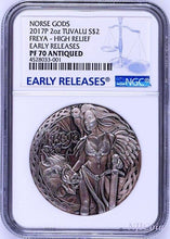 Load image into Gallery viewer, 2017 P Norse Goddesses Freya HIGH RELIEF ANTIQUED 2Oz Silver $2 COIN NGC PF70 ER