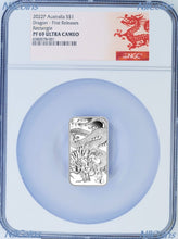 Load image into Gallery viewer, 2022 PROOF Dragon 1oz .9999 Silver Rectangular $1 Dollar Bar COIN NGC MS 69 FR