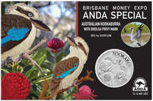 Load image into Gallery viewer, 2023 ANDA BRISBANE Money Expo Kookaburra 1oz $1 Silver Coin BROLGA PRIVY MARK