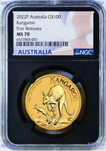 Load image into Gallery viewer, 2022 Australia Bullion 1oz .9999 GOLD Kangaroo NGC MS70 $100 Coin FR Black Core