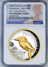 Load image into Gallery viewer, 2022 Australia GILT PROOF HIGH RELIEF 2oz Silver Kookaburra $2 Coin NGC PF70 ER