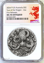 Load image into Gallery viewer, 2024 Australia Antiqued LUNAR Year of the DRAGON 2oz $2 Silver Coin NGC MS70 FR
