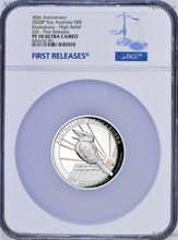 Load image into Gallery viewer, 2020 Pink Gold GILT HIGH RELIEF 5oz Silver Kookaburra 30 Ann $8 Coin NGC PF70 FR