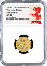 Load image into Gallery viewer, 2024 Australia Bullion GOLD $25 Lunar Year of the Dragon NGC MS70 1/4oz Coin FR
