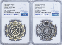 Load image into Gallery viewer, 2020 Industry In Motion ANTIQUED Gear-Shaped 1oz Silver 2-COIN-SET NGC MS70 FR