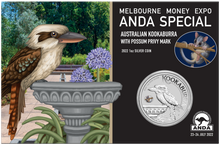 Load image into Gallery viewer, 2022 ANDA Melbourne Expo Special Kookaburra 1oz $1 Silver Coin Possum PRIVY MARK