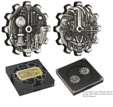 Load image into Gallery viewer, 2018 P Evolution of Industry ANTIQUED Gear-Shaped 1oz Silver 2-COIN-SET NGC MS69