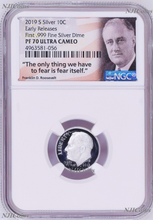 Load image into Gallery viewer, 2019 S Proof 10C Silver Dime NGC PF70 UCAMEO in 10-coin-set Roosevelt label ER