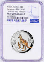 Load image into Gallery viewer, 2020 Australia FIRST Colored HIGH RELIEF 1oz Silver Kangaroo $1 Coin NGC PF70