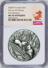Load image into Gallery viewer, 2020 Australia Antiqued LUNAR Year of the MOUSE 2oz $2 Silver Coin NGC MS70 FR