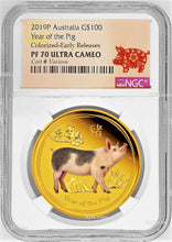 Load image into Gallery viewer, 2019 P Australia PROOF COLORED GOLD $100 Lunar Year of the PIG NGC PF70 1oz Coin