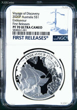 Load image into Gallery viewer, Voyage of Discovery Endeavour 1770-2020 Silver NGC PF70 1oz $1 Coin FR