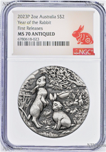 Load image into Gallery viewer, 2023 Australia Antiqued LUNAR Year of the RABBIT 2oz $2 Silver Coin NGC MS70 FR