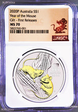 Load image into Gallery viewer, 2020 Australia GILDED Silver Lunar Year of the MOUSE NGC MS70 1oz $1 Coin GILT