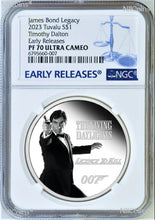 Load image into Gallery viewer, 2023 James Bond Legacy 3rd Issue Timothy Dalton SILVER $1 1oz COIN NGC PF70 ER