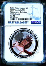 Load image into Gallery viewer, 2018 P Berlin Show Australia COLORED Kookaburra Silver NGC MS 70 1oz $1 Coin FR