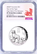 Load image into Gallery viewer, 2022 Australia Lunar Year Of The TIGER High Relief 1oz Silver Coin NGC PF70 FR