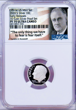 Load image into Gallery viewer, 2020 S Proof 10C Silver Dime NGC PF70 UCAMEO in 10-coin-set Roosevelt label ER