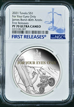Load image into Gallery viewer, 2021 James Bond For Your Eyes Only 40th Ann SILVER PROOF $1 1oz COIN NGC PF70 FR