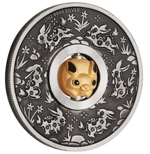 Load image into Gallery viewer, 2023 Year of the Rabbit 1oz SILVER $1 Lunar Rotating Charm ANTIQUED COIN